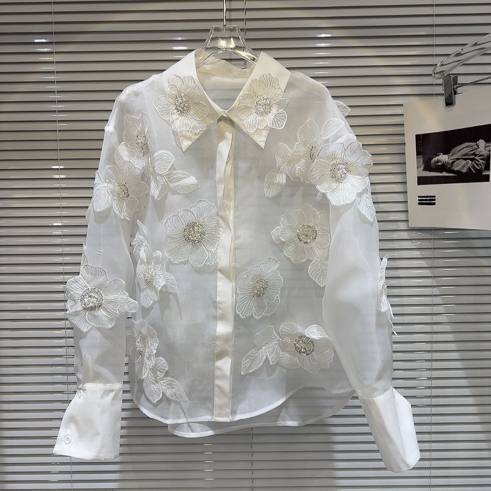 Crop Blouse Linen - Primavera lentejuelas flores 3D malla empalmado